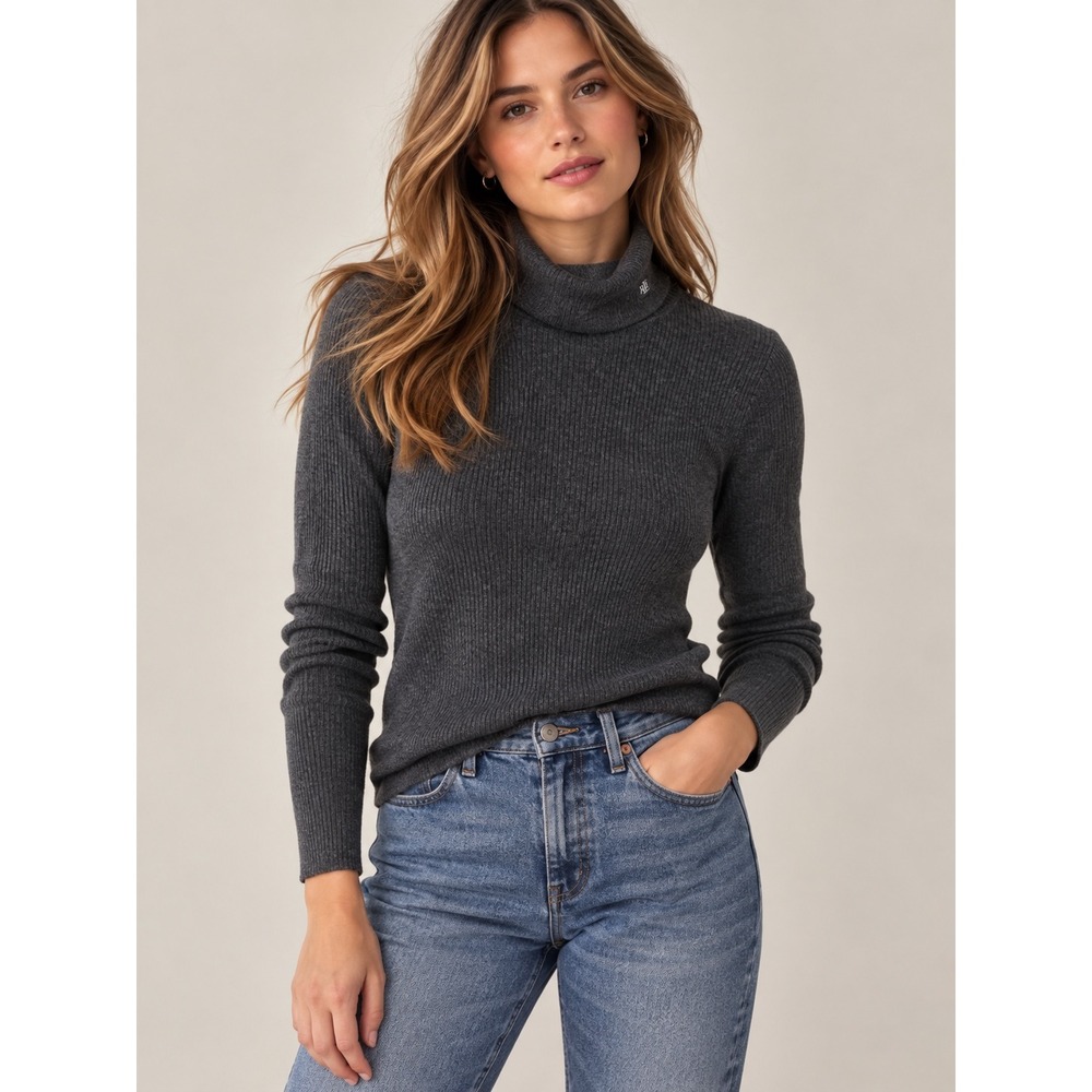 Lauren Ralph Lauren Gray Ribbed Old Money Turtleneck Top, M